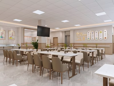 Bright Restaurant Interior With White Tables Beige Chairs Wall TV And Ceiling Lights 3d model