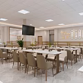 Bright Restaurant Interior With White Tables Beige Chairs Wall TV And Ceiling Lights