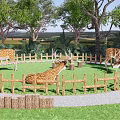 Scenic Park Landscape With Deer Wooden Fence Green Grass Trees And Sign
