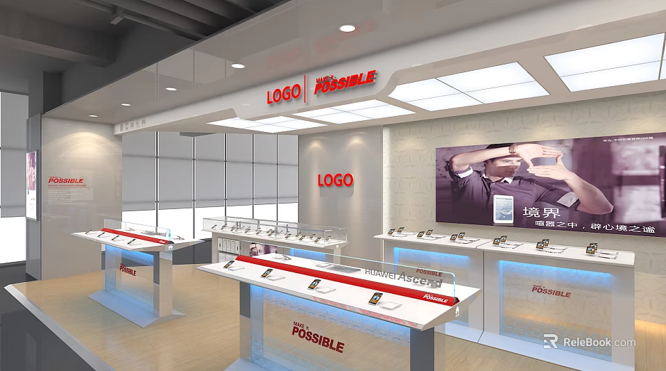 Modern Digital Store Interior with Display Counters Smartphones and Large Screen Ads 3d model 