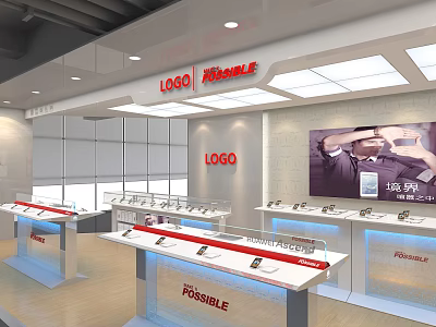 Modern Digital Store Interior with Display Counters Smartphones and Large Screen Ads 3d model