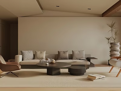 Modern Living Room Interior With Beige Sofa Cushions Coffee Table Accent Chair And Floor Plant 3d model