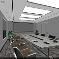 Modern Conference Room Interior With Projection Screen Long Meeting Table Beige Chairs And Green Plants