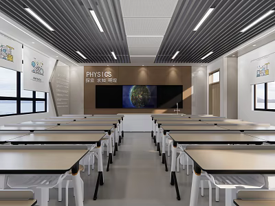 School Physics Laboratory with Desks Chairs Blackboard Globe and Windows 3d model
