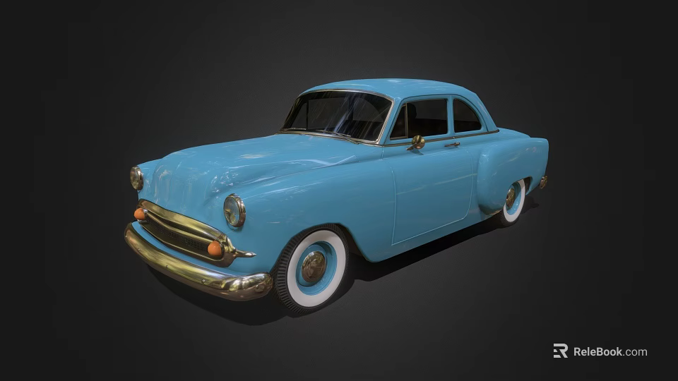 Blue Vintage Car With Classic Design Rounded Body And White Wall Tires 3d model 
