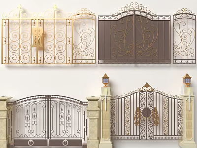 Ornate Wrought Iron Entrance Gates With Intricate Scrollwork And Lamp Posts 3d model