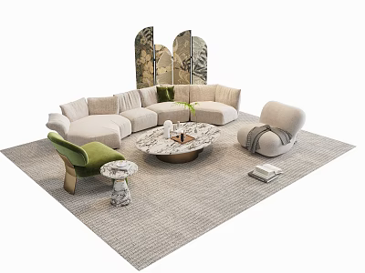 Modern Sofa Coffee Table Set With White L Shaped Sofa Marble Top And Green Armchair 3d model