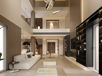 Modern Duplex Living Room Interior With Two Story Layout Sofa And Bookshelves 3d model
