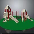 Children's Playground Equipment with Slides Climbing Towers and Green Surface