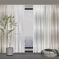 Modern Beige Curtains With Sheer Layers And City View By Window With Potted Plant