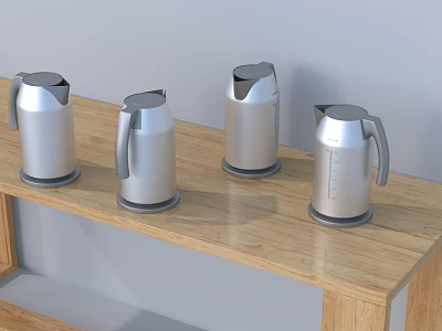 Four Silver Thermos Flasks As Daily Electrical Appliances On Wooden Shelf 3d model