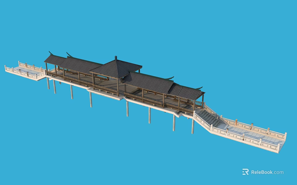 Traditional Chinese Covered Bridge With Black Roof And Wooden Pillars Design 3d model 