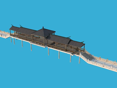 Traditional Chinese Covered Bridge With Black Roof And Wooden Pillars Design 3d model