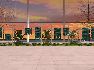 Glass Curtain Wall Building With Sunset Sky Green Banners And Plaza Foliage 3d model