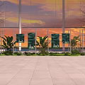Glass Curtain Wall Building With Sunset Sky Green Banners And Plaza Foliage