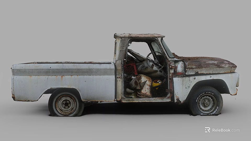Old Rusty Vintage Truck With Open Door And Worn Interior Details 3d model 
