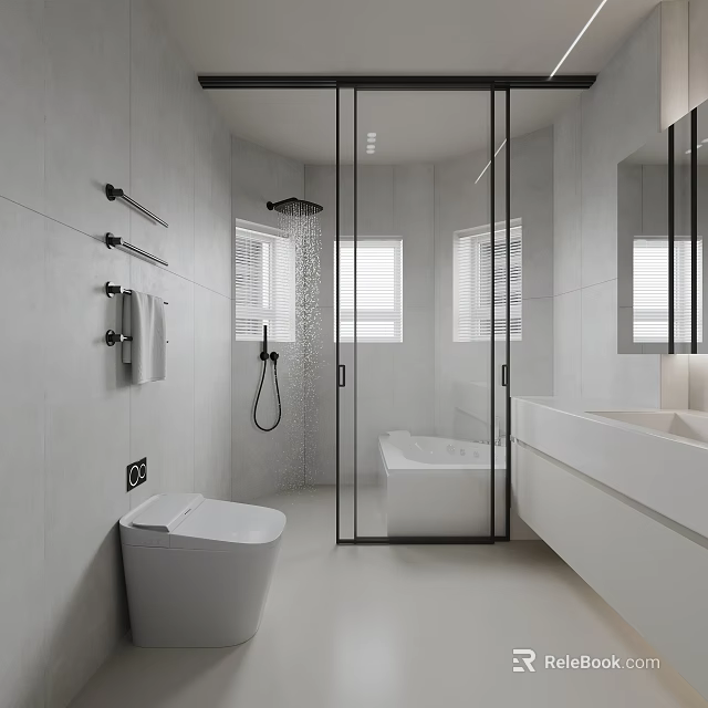 Modern Bathroom Interior With Gray Tile Walls Glass Shower Enclosure White Bathtub Toilet And Vanity 3d model 