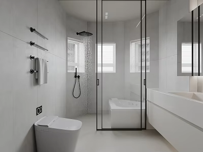 Modern Bathroom Interior With Gray Tile Walls Glass Shower Enclosure White Bathtub Toilet And Vanity 3d model