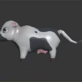 Black White 3D Cartoon Cow Character With Big Eyes Pink Nose Blue Ears Tail