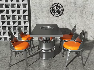 Modern Square Dining Table Set With Central Hole Metal Base And Orange Seat Chairs 3d model