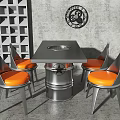 Modern Square Dining Table Set With Central Hole Metal Base And Orange Seat Chairs