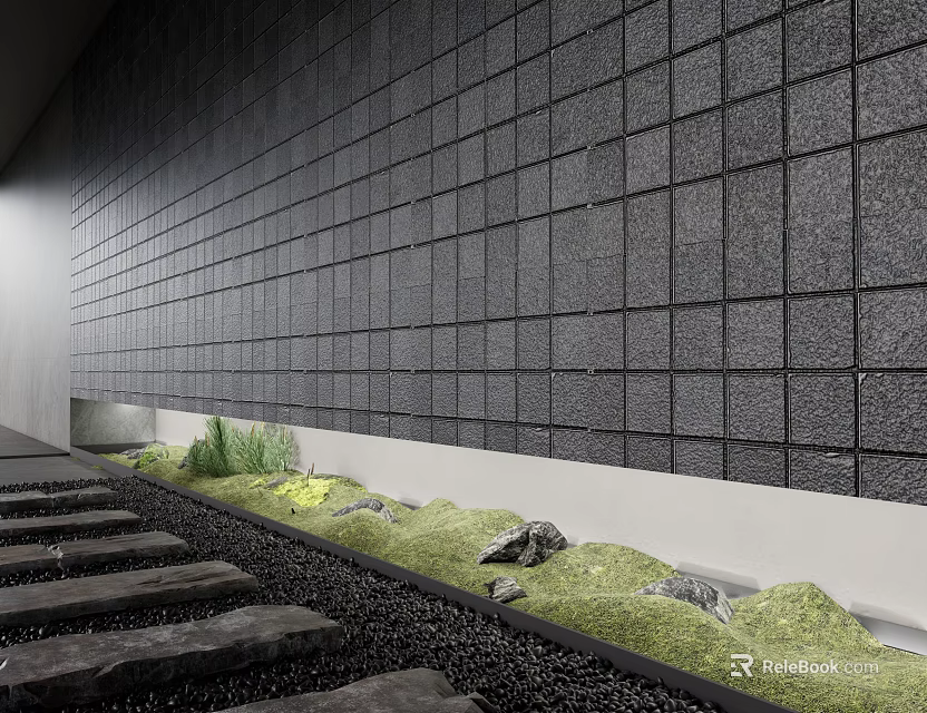 Small Garden Feature With Gray Square Wall Green Grass Stones And Stone Stepping Path 3d model 