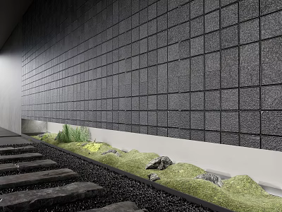 Small Garden Feature With Gray Square Wall Green Grass Stones And Stone Stepping Path 3d model