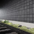 Small Garden Feature With Gray Square Wall Green Grass Stones And Stone Stepping Path 3d model
