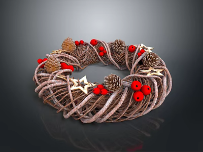 Natural Plant Woven Vine Wreath Decorated With Pine Cones Red Berries And Gold Stars 3d model