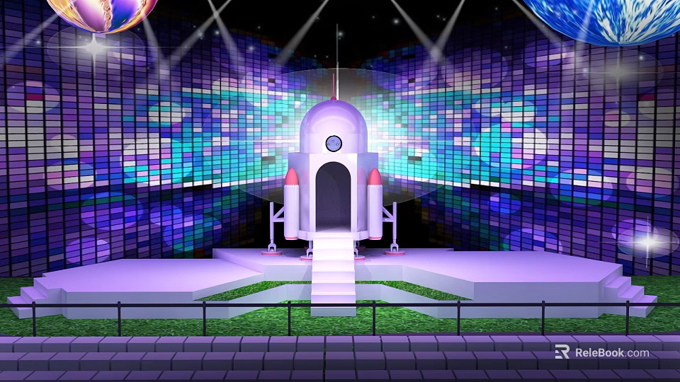 Industrial Factory Building With Colorful Mosaic Walls Rocket Like Structure Steps Green Lawn And Spotlights 3d model 