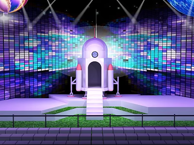 Industrial Factory Building With Colorful Mosaic Walls Rocket Like Structure Steps Green Lawn And Spotlights 3d model