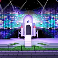 Industrial Factory Building With Colorful Mosaic Walls Rocket Like Structure Steps Green Lawn And Spotlights