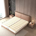 Modern Brown Leather Headboard Bed Frame With Beige Striped Mattress And Wooden Panel Wall
