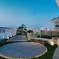 Modern Waterfront Outdoor Terrace Design With Dining Set Umbrella And Green Plants Overlooking Mountain View