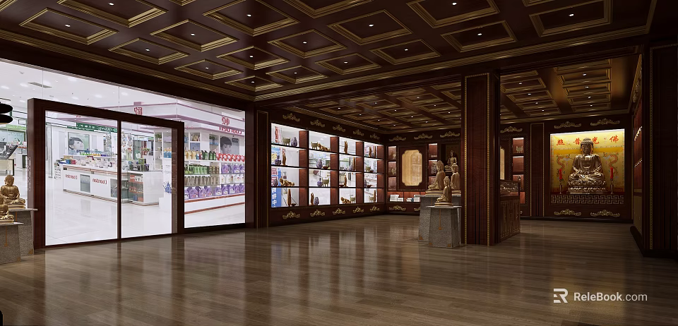 Sacred Religious Artifacts Display In Wooden Shelves With Golden Ceiling And Smooth Floors 3d model 