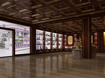 Sacred Religious Artifacts Display In Wooden Shelves With Golden Ceiling And Smooth Floors 3d model