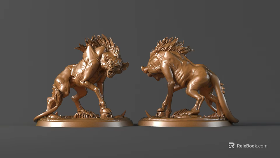 Pair Of Bronze Mythical Beast Sculptures With Mane Claws Standing Pose And Base Details 3d model 