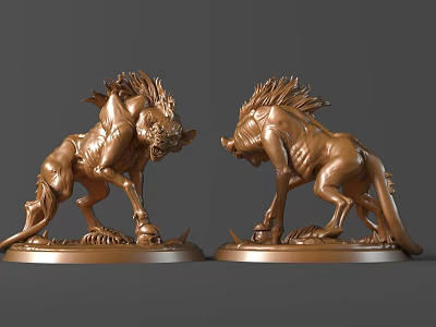 Pair Of Bronze Mythical Beast Sculptures With Mane Claws Standing Pose And Base Details 3d model