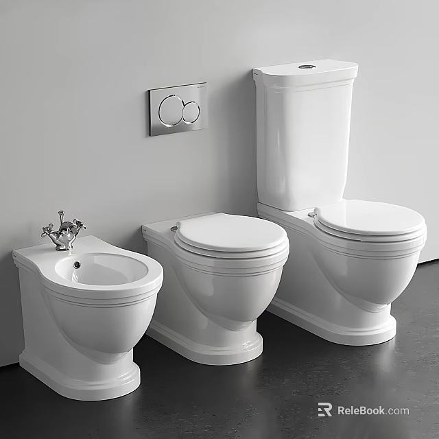 Modern White Toilets Featuring Different Styles And Wall Mounted Flush Plate In Bathroom 3d model