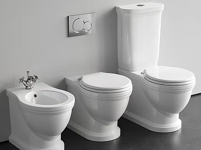 Modern White Toilets Featuring Different Styles And Wall Mounted Flush Plate In Bathroom 3d model