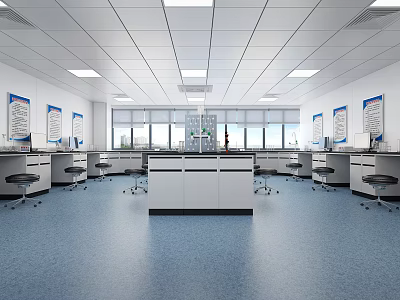 Modern Laboratory Interior Design With Lab Benches Stools Windows And Blue Floor 3d model
