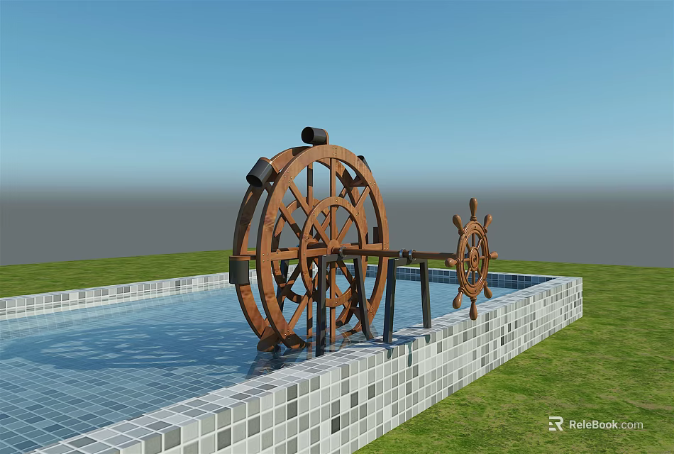 Garden Ornament Featuring Wooden Ship Wheels By Water Pool With Mosaic Tiles And Green Grass 3d model 