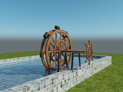 Garden Ornament Featuring Wooden Ship Wheels By Water Pool With Mosaic Tiles And Green Grass 3d model