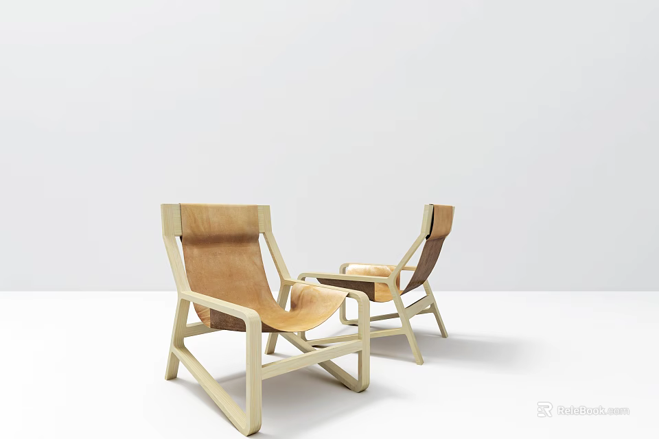 Modern Light Wood Frame Lounge Chairs With Brown Upholstered Seat In Minimalist White Background 3d model 