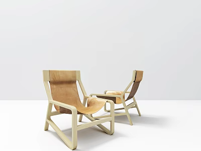 Modern Light Wood Frame Lounge Chairs With Brown Upholstered Seat In Minimalist White Background 3d model