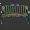 Outdoor Wooden Bench With Blue Finish And Orange Green Splatter Pattern Slatted Backrest Armrests