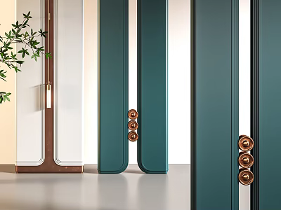 Modern Minimalist Room Divider With Teal White Brown Panels And Circular Brass Decorations 3d model