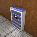 Blue And White Modern Bookcase With Digital Display Panel Against Wooden Wall On Tile Floor