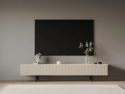 Modern Light Colored TV Stand With TV Vertical Stripes Black Legs And Decorative Items 3d model