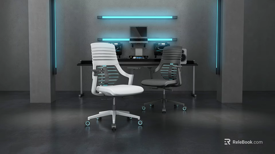 Modern White And Gray Office Chairs With Black Workstation And Blue Lighting 3d model 